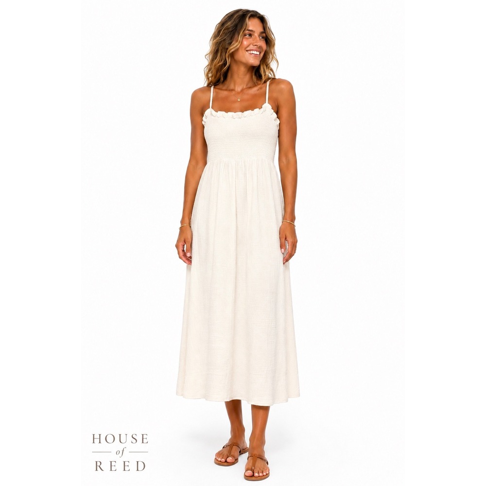 Faherty Lakeview Dress White Organic Cotton Smocked Midi Ruffle WDU2214 Womens M